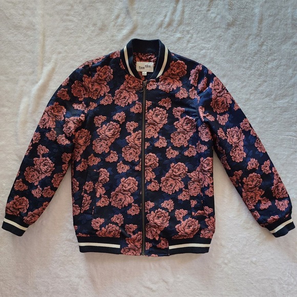 XS Frank and Oak Jacquard Floral Bomber Jacket Pink Navy Blue Embroidered Roses - Picture 2 of 10